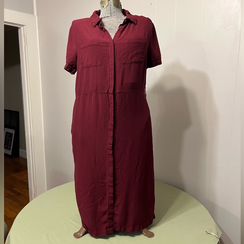 A New Day Women's Rayon Deep Red Button-up Midi Dress Medium